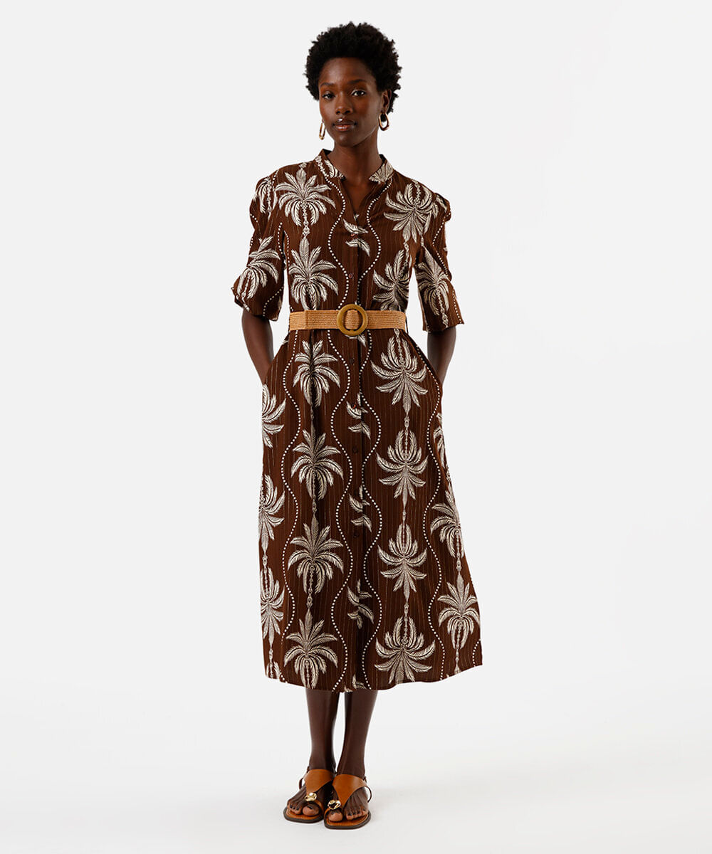 vestido midi chemise feminino de viscose e lurex com cinto folhagens marrom