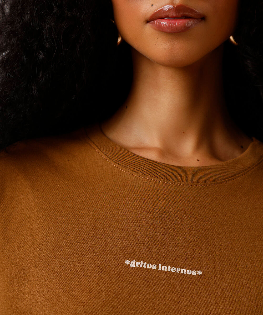 camiseta feminina de algodão estampada marrom