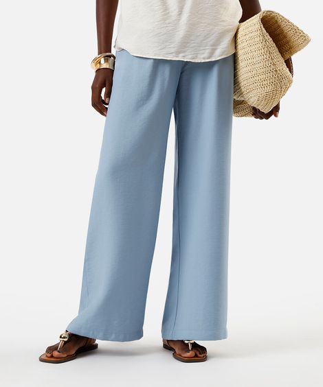 calça wide leg feminina de viscose texturizada azul