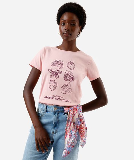 camiseta feminina de algodão estampada rosa