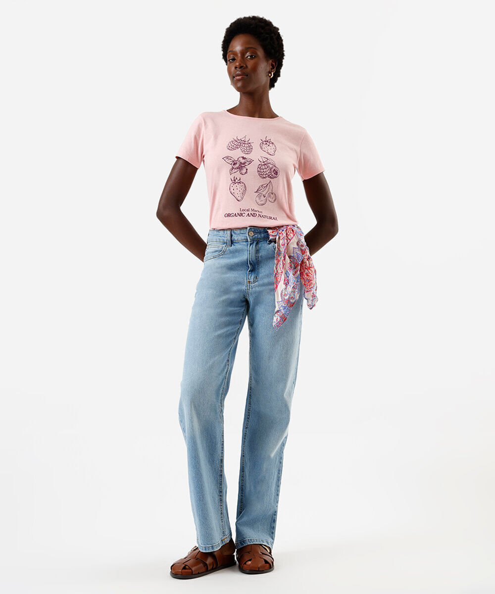 camiseta feminina de algodão estampada rosa