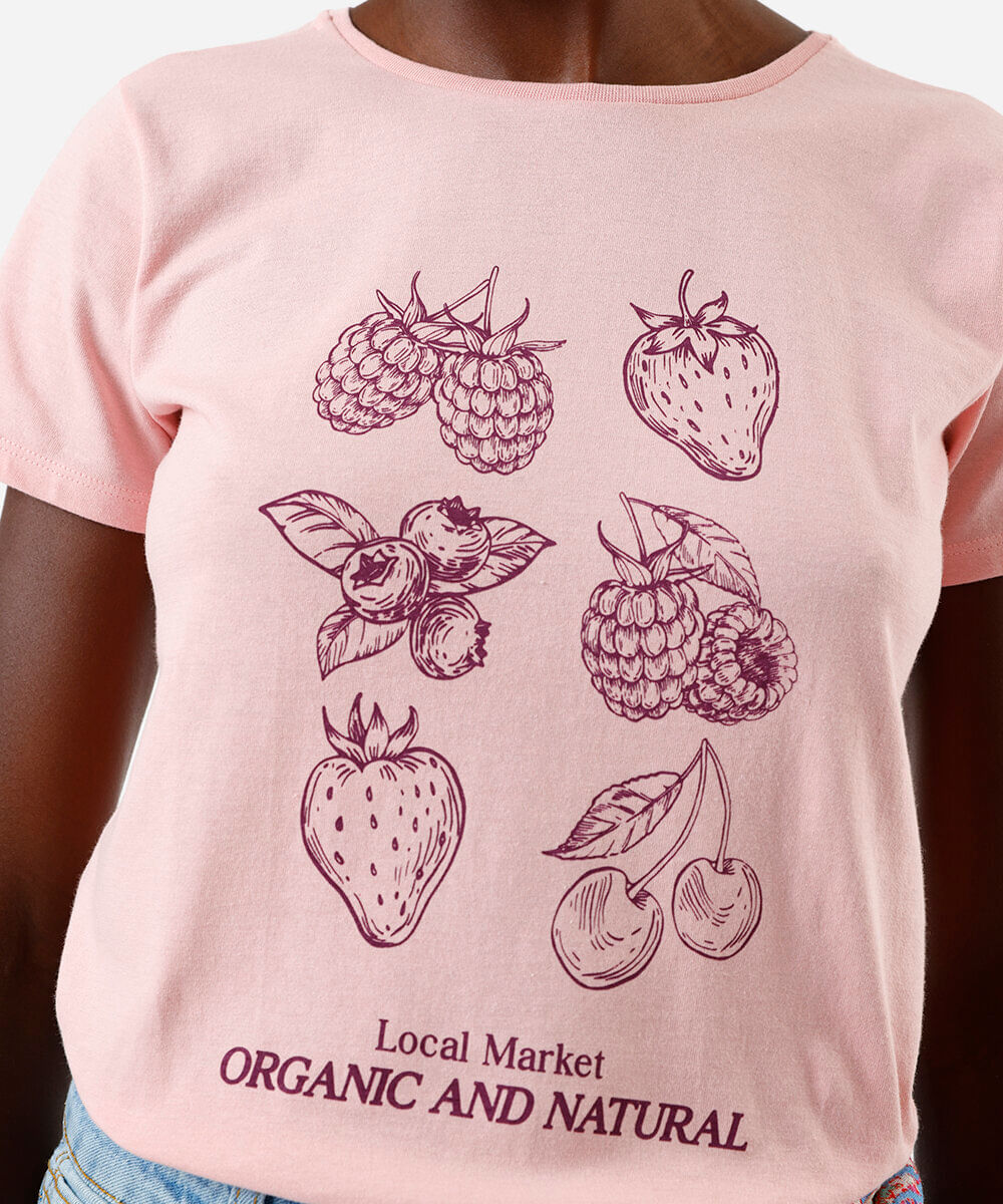 camiseta feminina de algodão estampada rosa