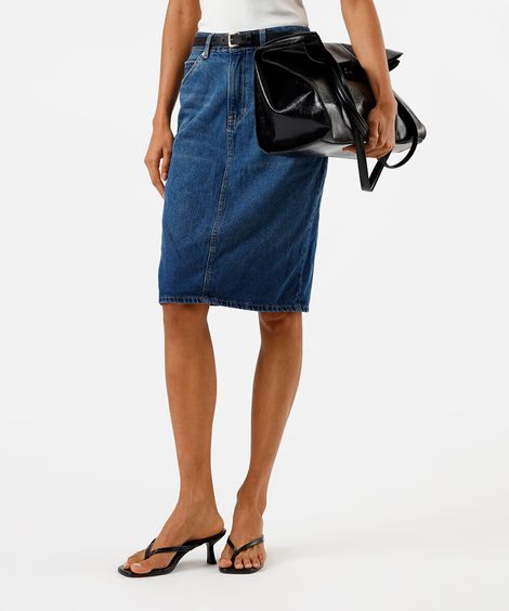 saia midi feminina jeans com fenda azul