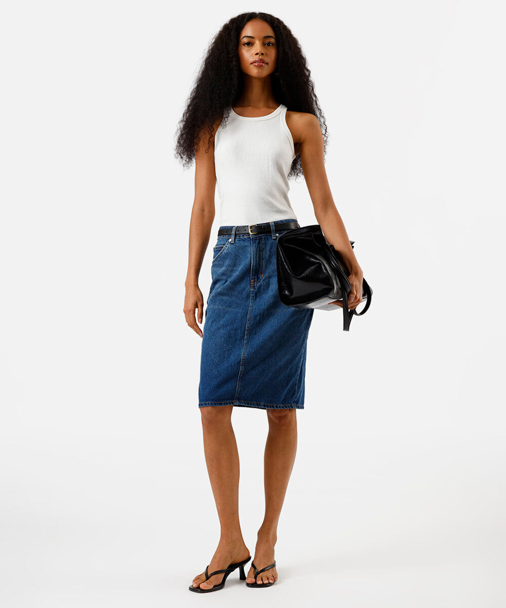 saia midi feminina jeans com fenda azul
