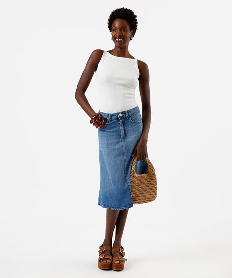 saia midi evasê feminina jeans azul