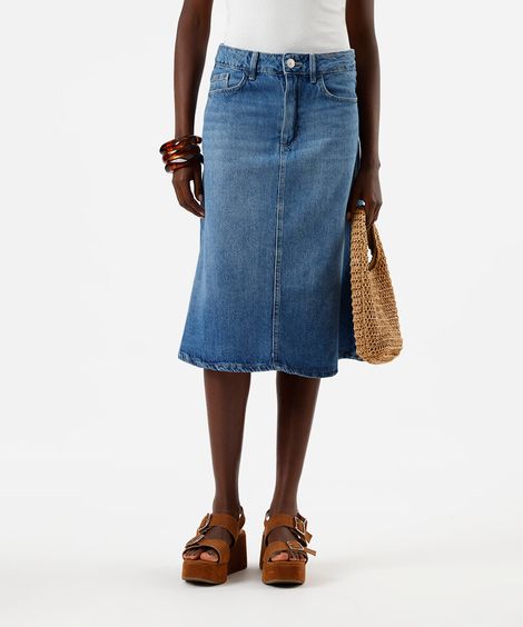 saia midi evasê feminina jeans azul