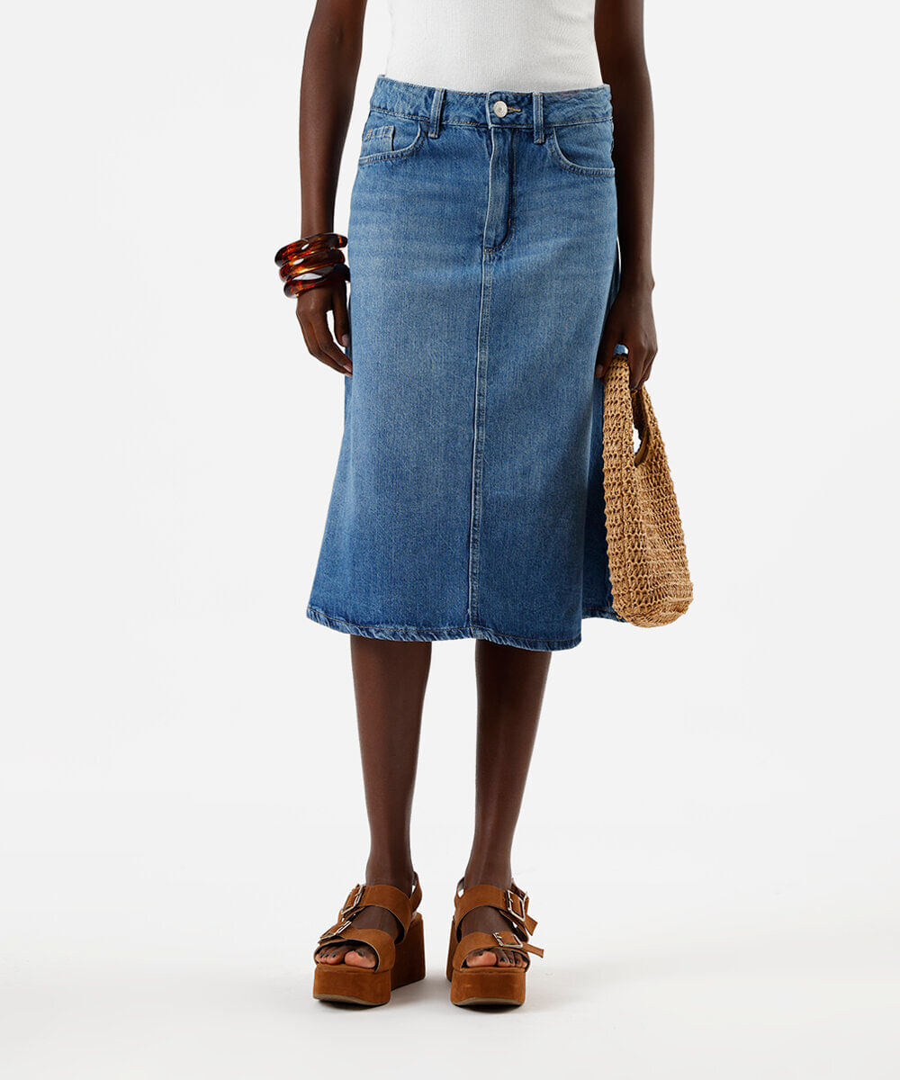 saia midi evasê feminina jeans azul