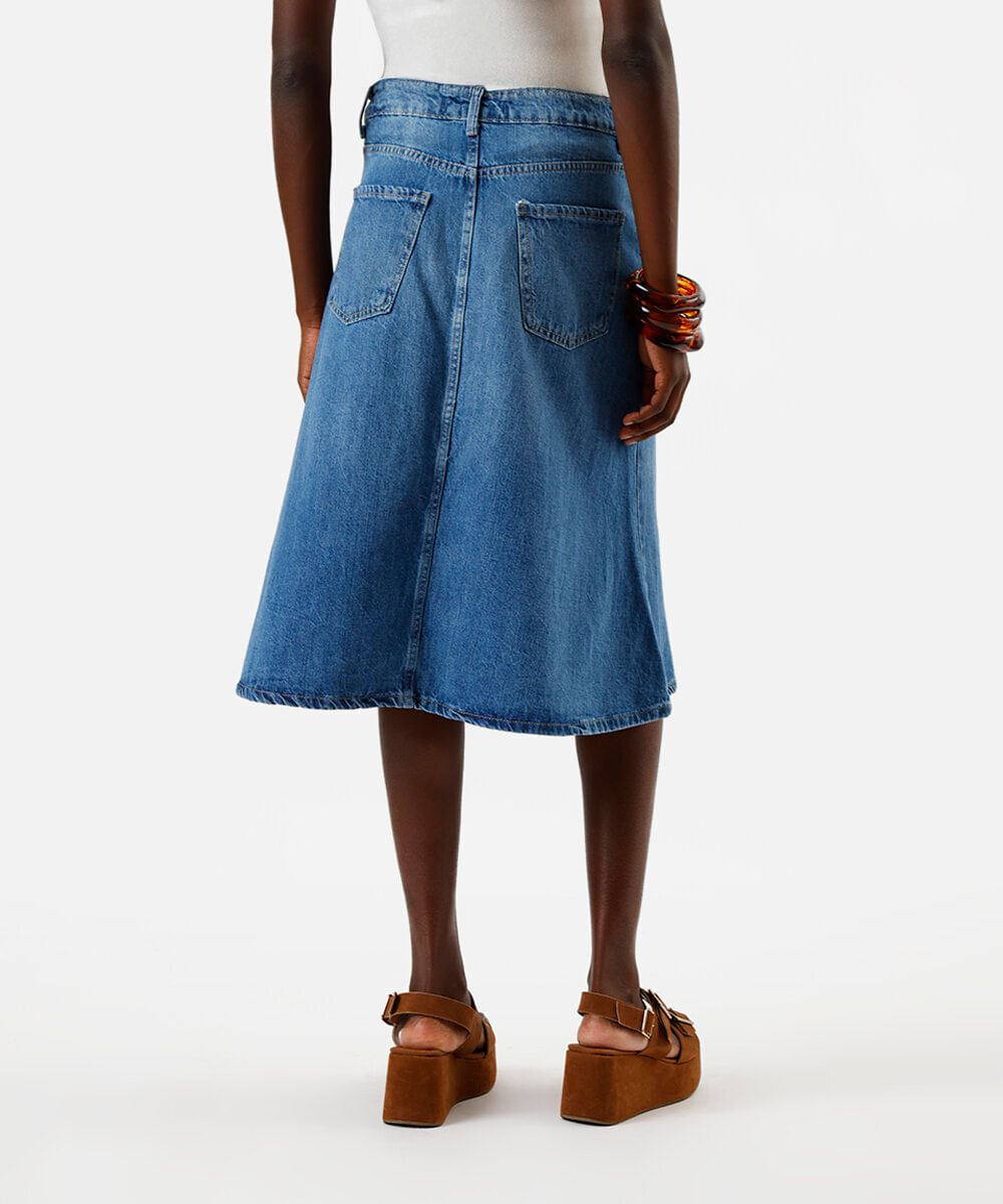saia midi evasê feminina jeans azul
