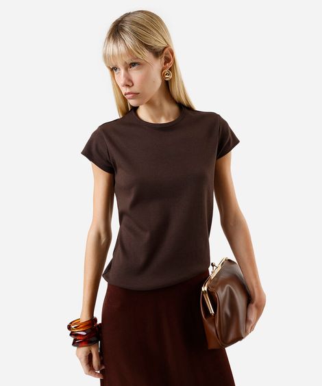 camiseta baby look feminina de algodão peruano interlock marrom