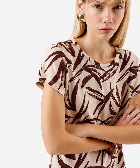blusa feminina com botões estampa folhagem abstrato bege