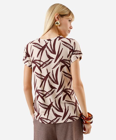 blusa feminina com botões estampa folhagem abstrato bege