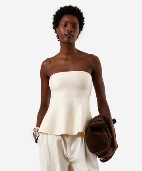 blusa peplum feminina de tricot sem alça off white