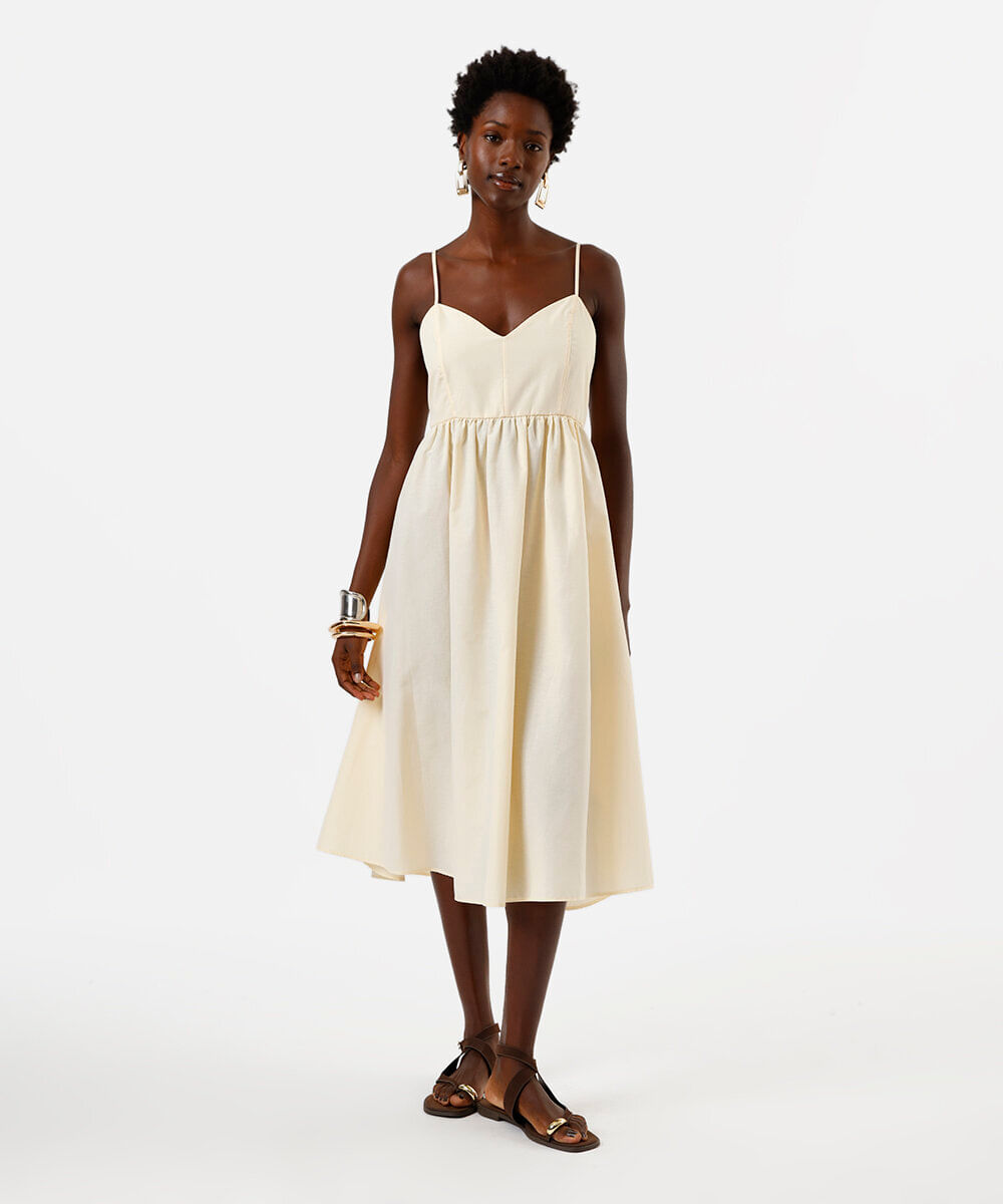 vestido midi alça fina feminino com algodão decote coração bege