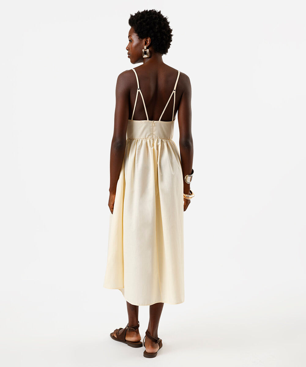 vestido midi alça fina feminino com algodão decote coração bege