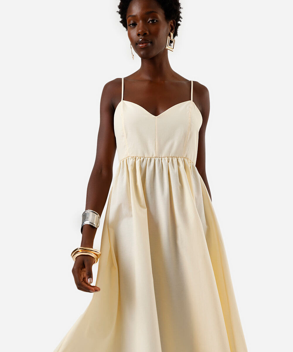 vestido midi alça fina feminino com algodão decote coração bege
