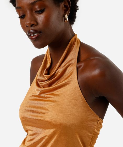 blusa feminina frente única degagê acetinada bronze