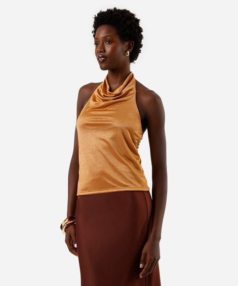 blusa feminina frente única degagê acetinada bronze