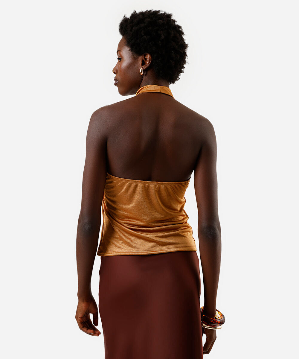 blusa feminina frente única degagê acetinada bronze
