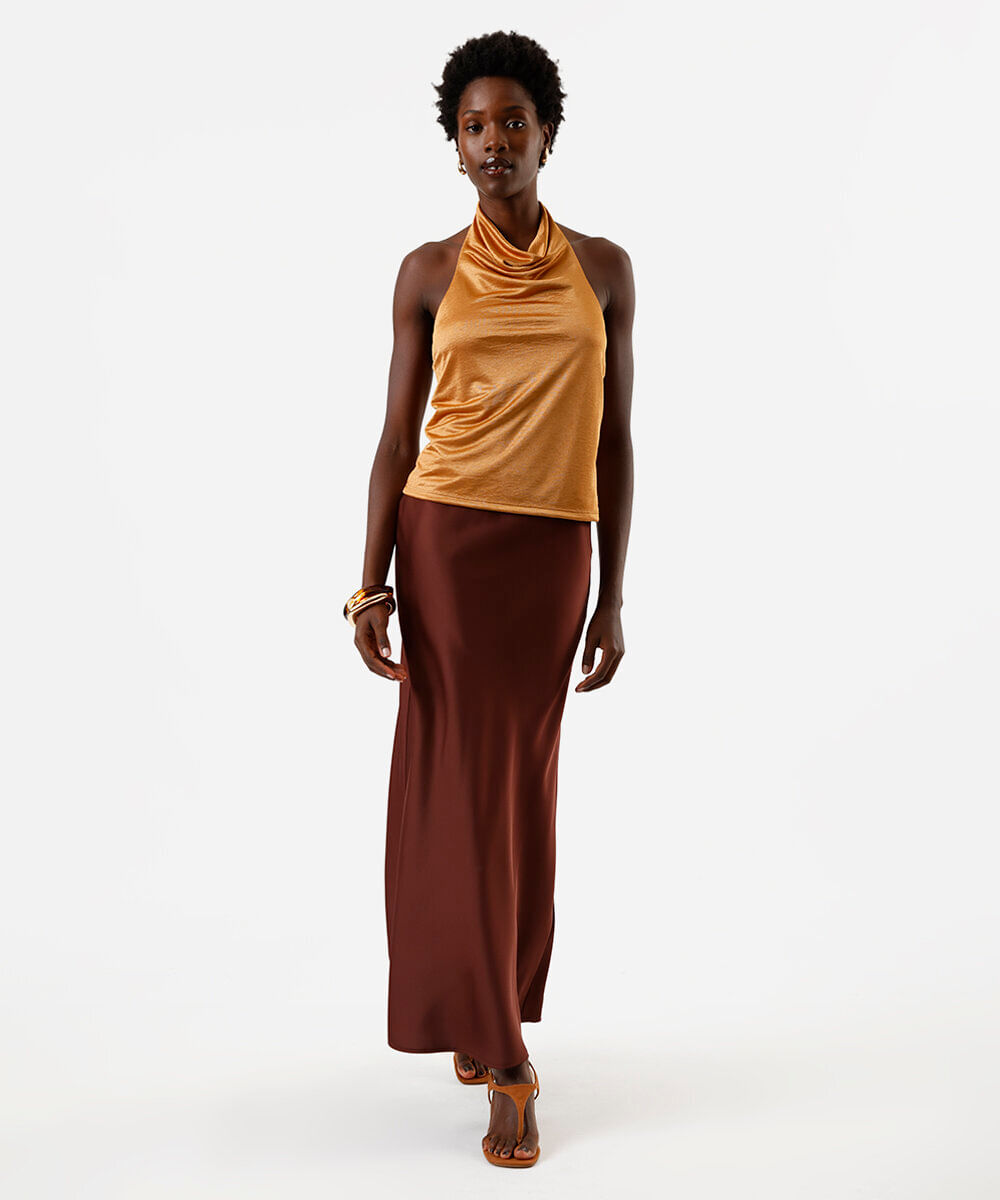 blusa feminina frente única degagê acetinada bronze