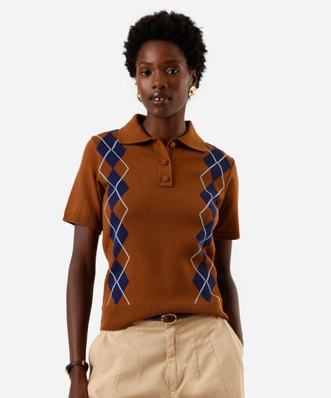 polo feminina de tricot manga curta xadrez marrom