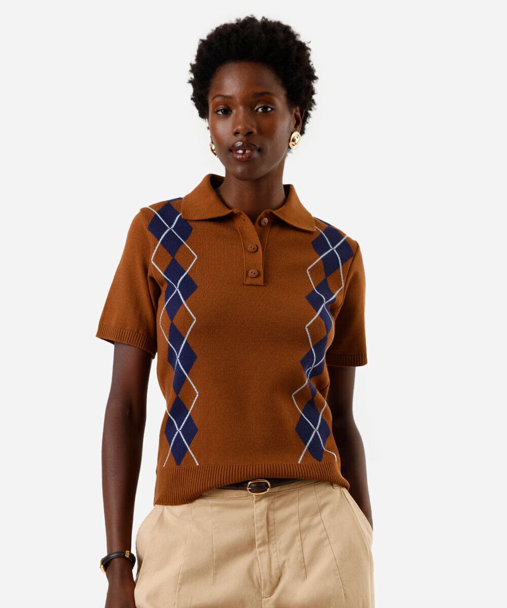 polo feminina de tricot manga curta xadrez marrom