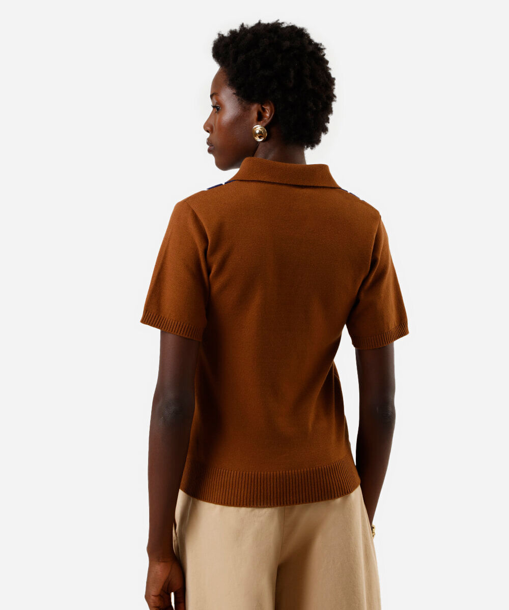 polo feminina de tricot manga curta xadrez marrom