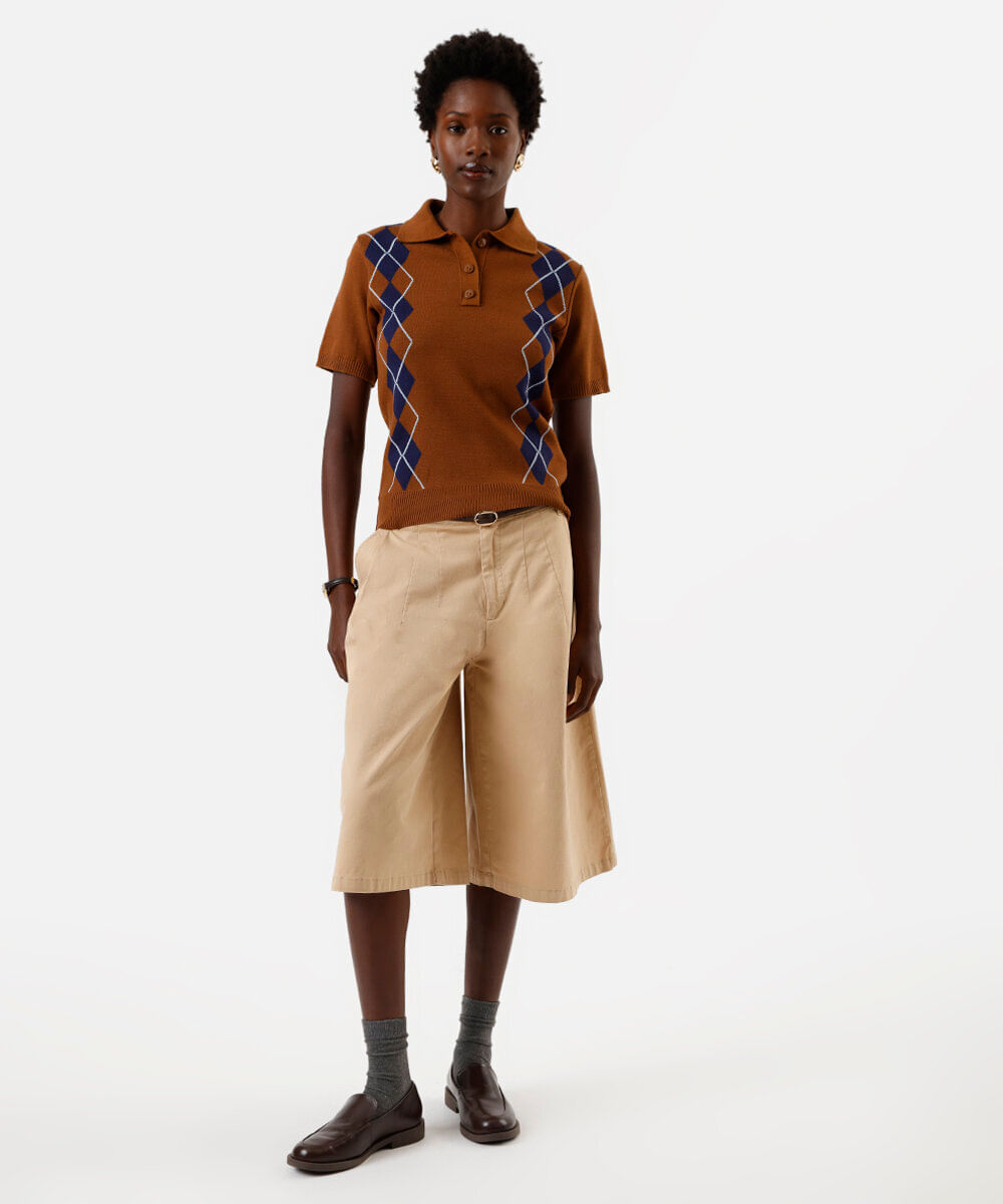 polo feminina de tricot manga curta xadrez marrom