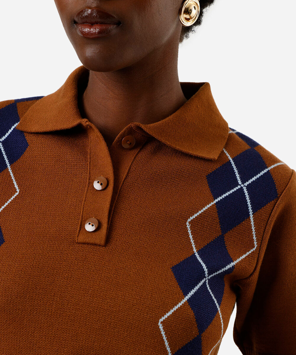 polo feminina de tricot manga curta xadrez marrom