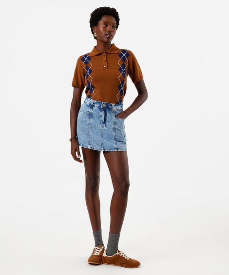 short saia feminino jeans cintura alta recortes frontais azul