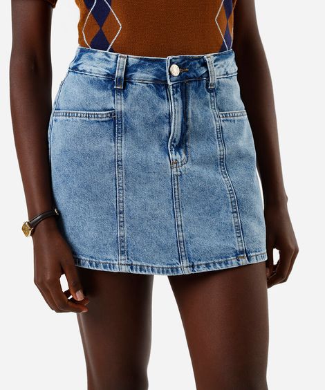 short saia feminino jeans cintura alta recortes frontais azul