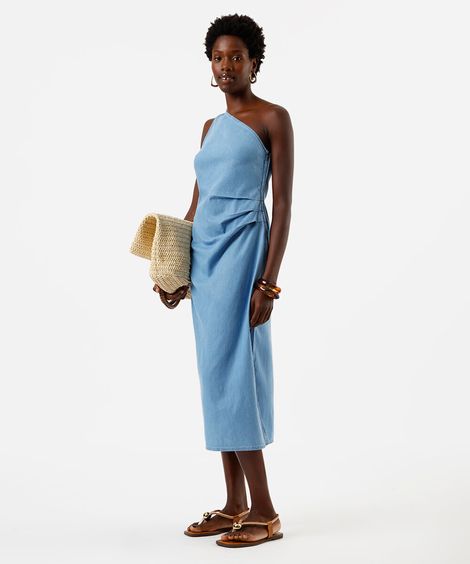 vestido feminino jeans midi um ombro só azul
