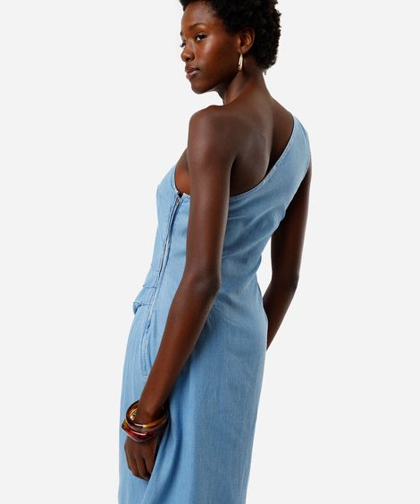 vestido feminino jeans midi um ombro só azul