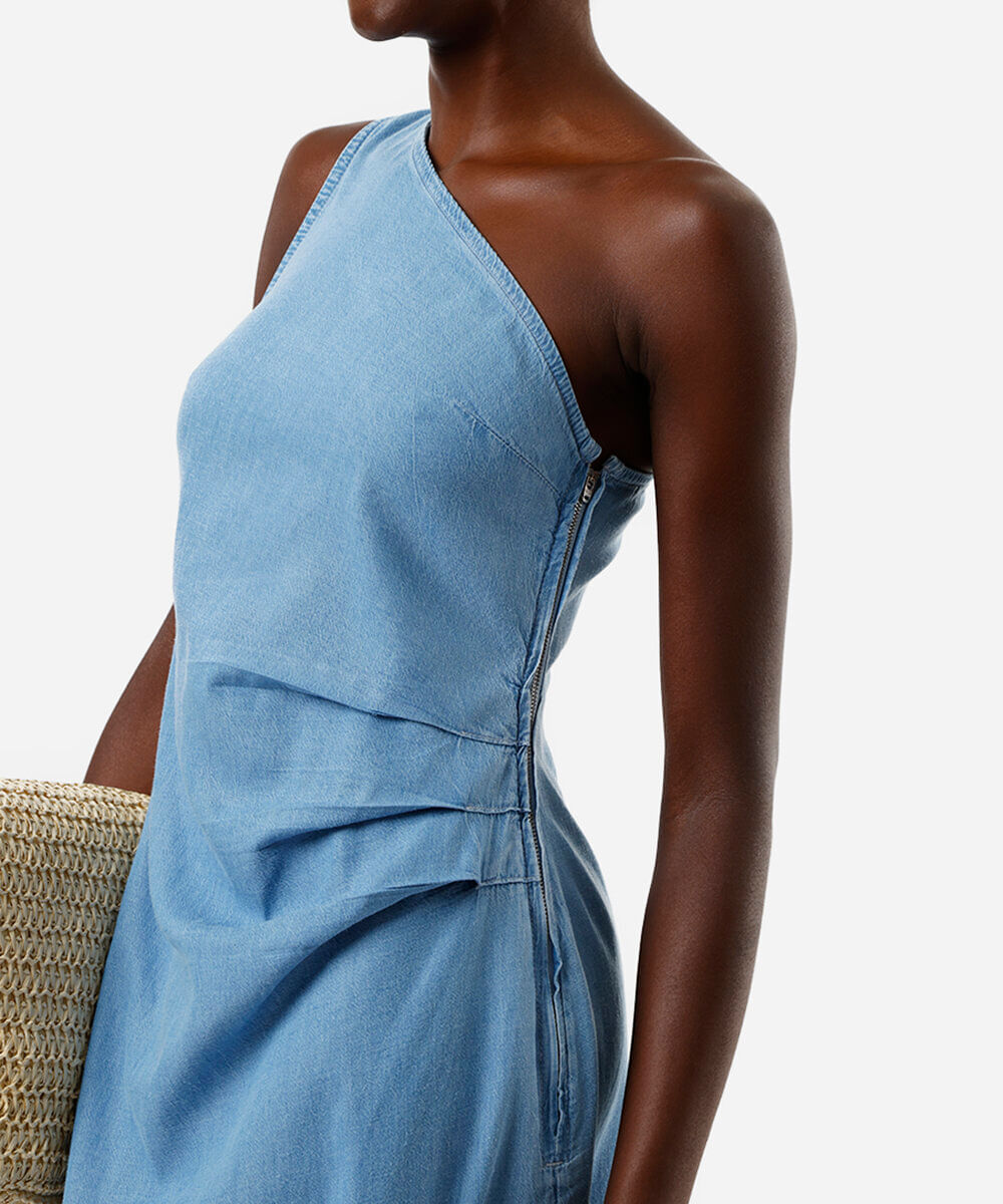 vestido feminino jeans midi um ombro só azul