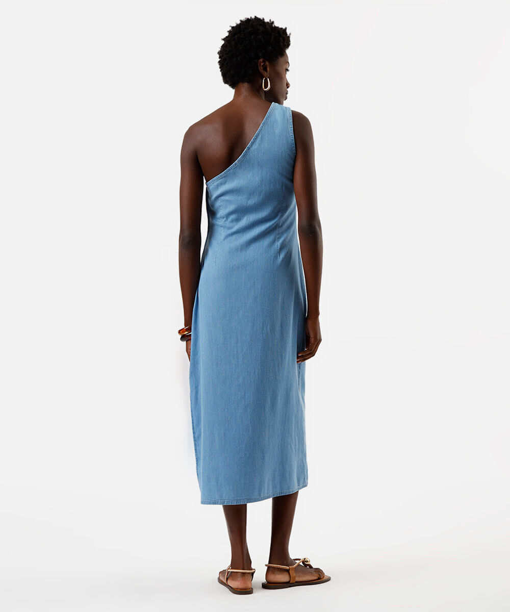 vestido feminino jeans midi um ombro só azul