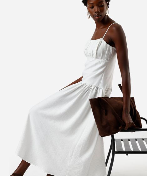 vestido midi feminino alça fina com recorte franzido off white
