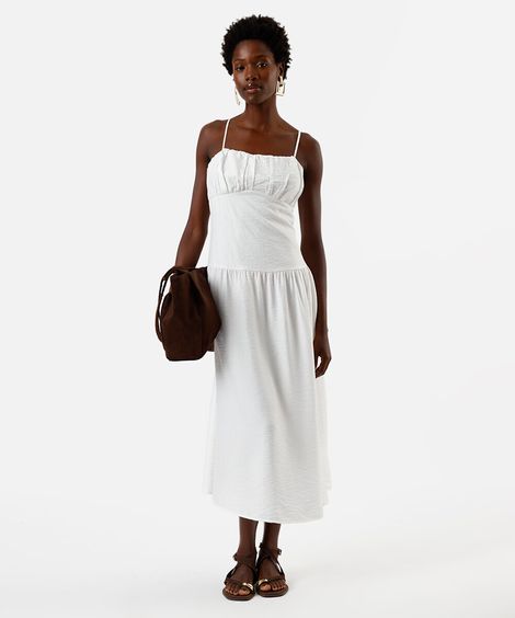 vestido midi feminino alça fina com recorte franzido off white