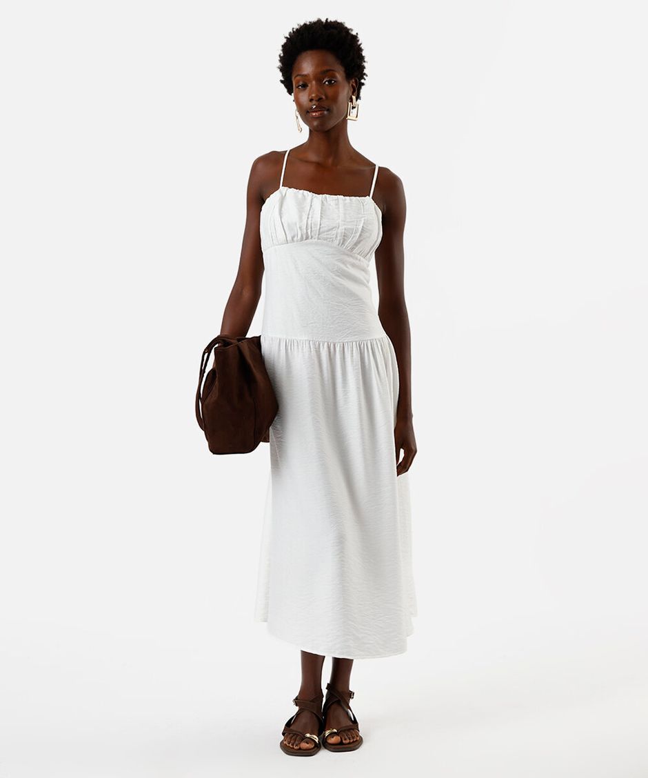 vestido midi feminino alça fina com recorte franzido off white