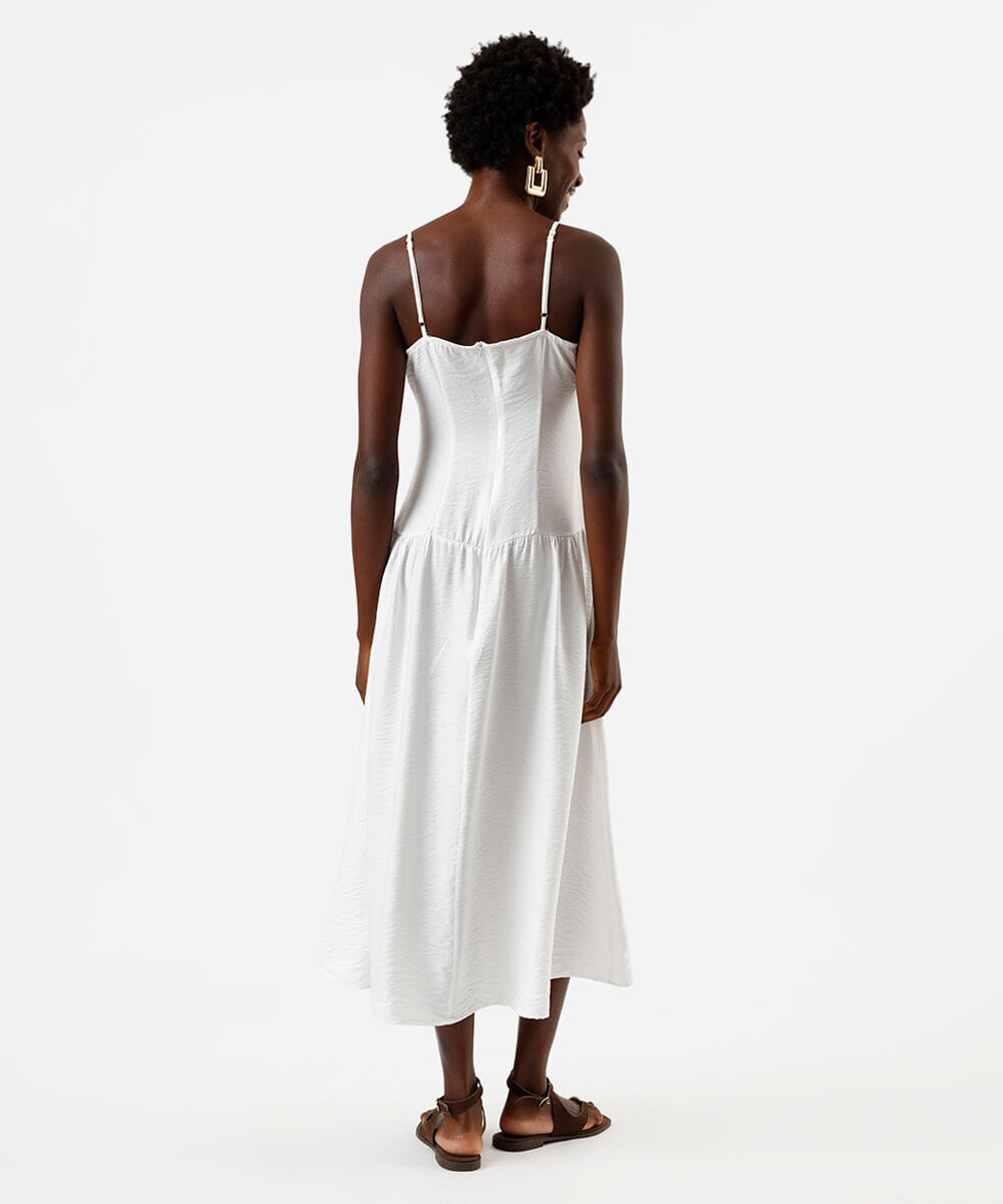 vestido midi feminino alça fina com recorte franzido off white