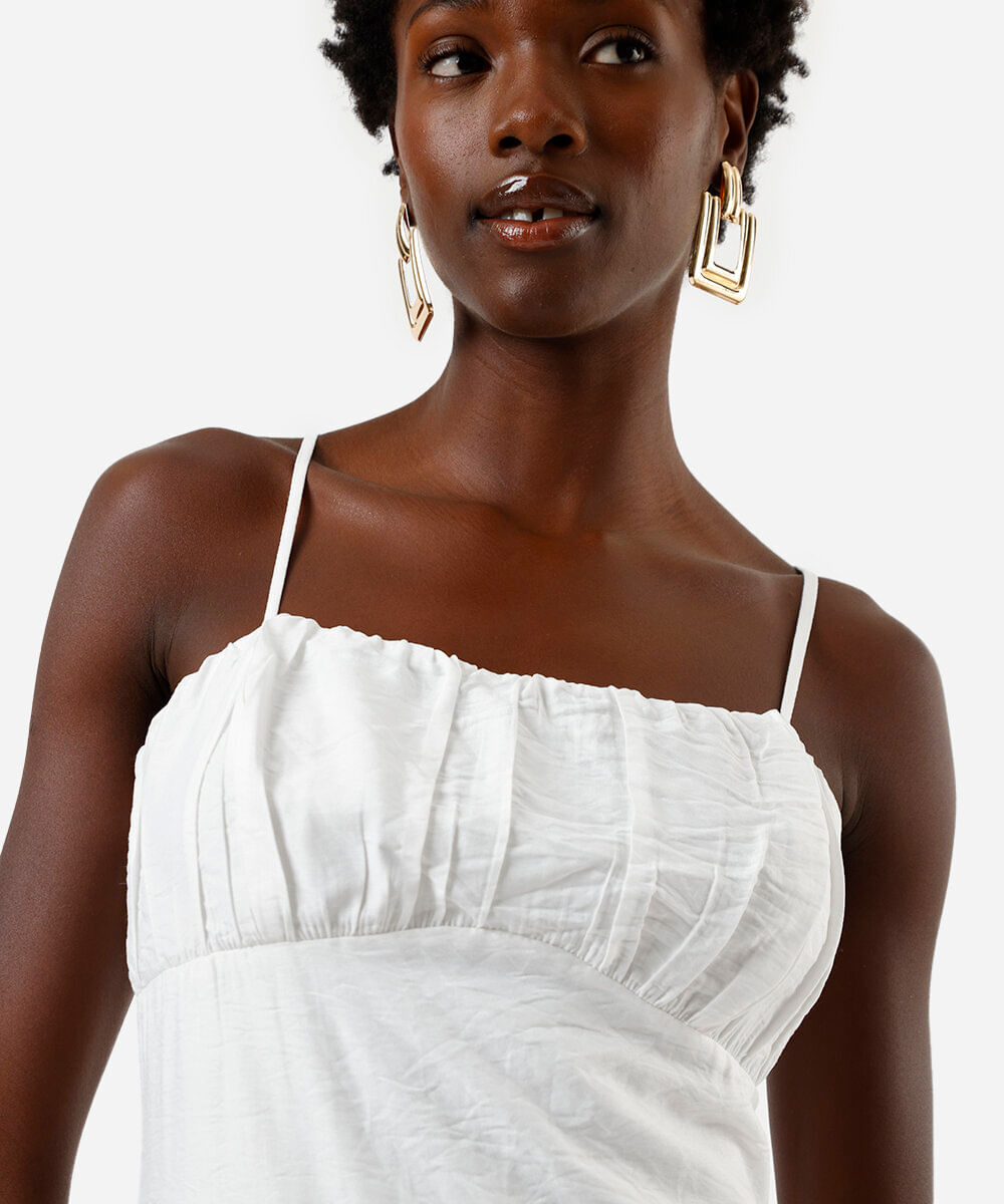 vestido midi feminino alça fina com recorte franzido off white