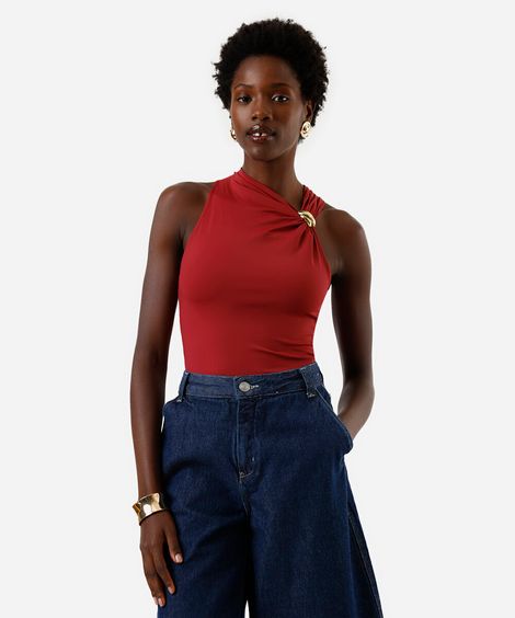 body feminino decote alto degagê com detalhe na alça vinho