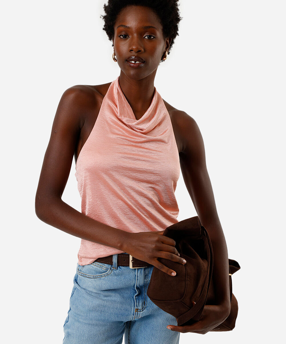 blusa feminina frente única degagê acetinada rosa