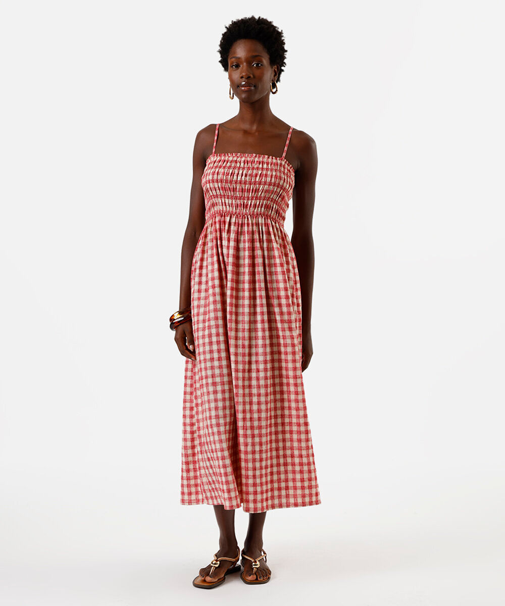 vestido midi alça fina feminino com linho xadrez vermelho