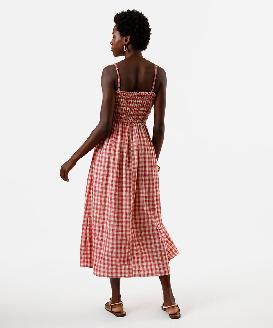 vestido midi alça fina feminino com linho xadrez vermelho