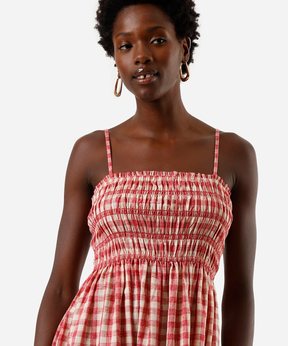 vestido midi alça fina feminino com linho xadrez vermelho