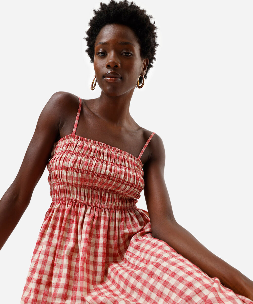 vestido midi alça fina feminino com linho xadrez vermelho