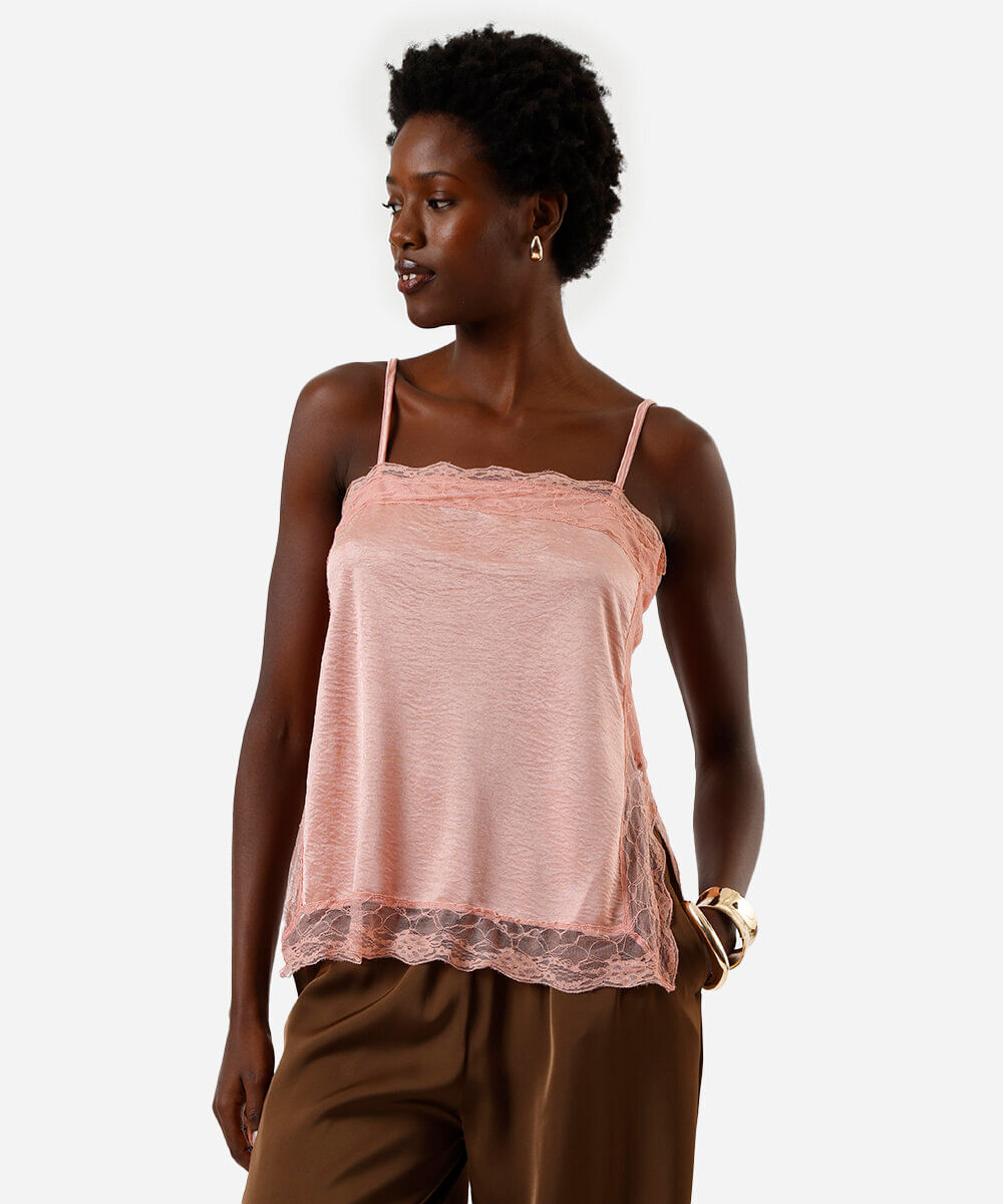 regata feminina alça fina com renda rosa