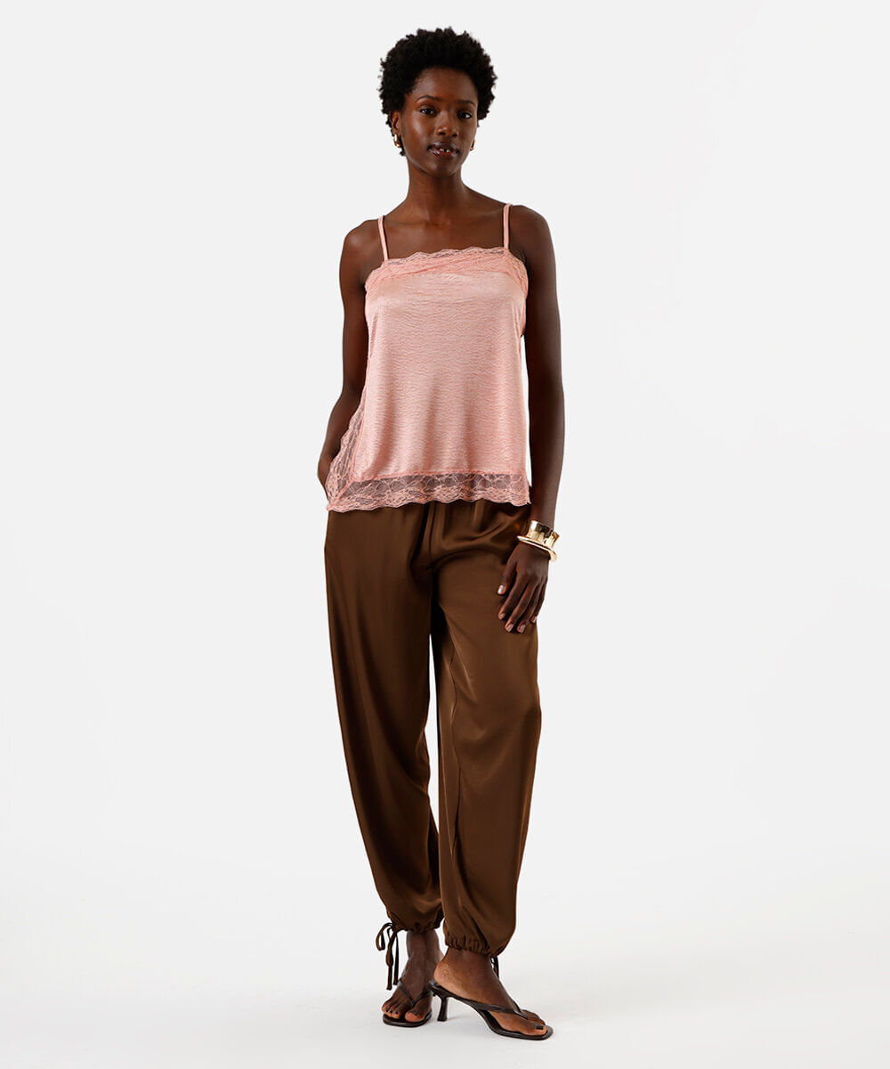 regata feminina alça fina com renda rosa