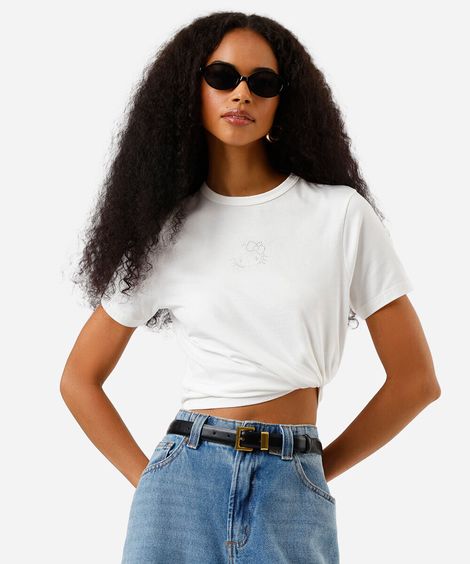 blusa baby look feminina de algodão hello kitty com brilhos off white