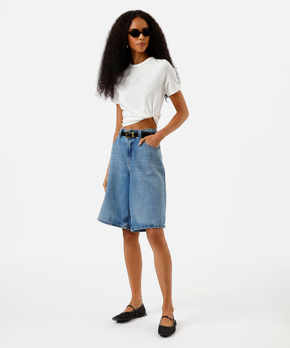 blusa baby look feminina de algodão hello kitty com brilhos off white
