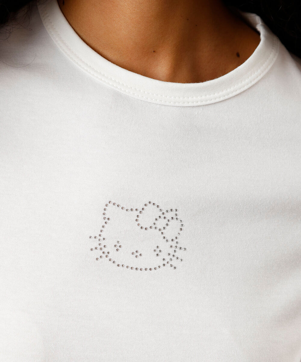 blusa baby look feminina de algodão hello kitty com brilhos off white